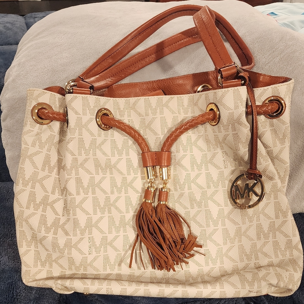 Michael Kors White/Brown Signature Leather Cinch Bucket Bag with Large MK Logos